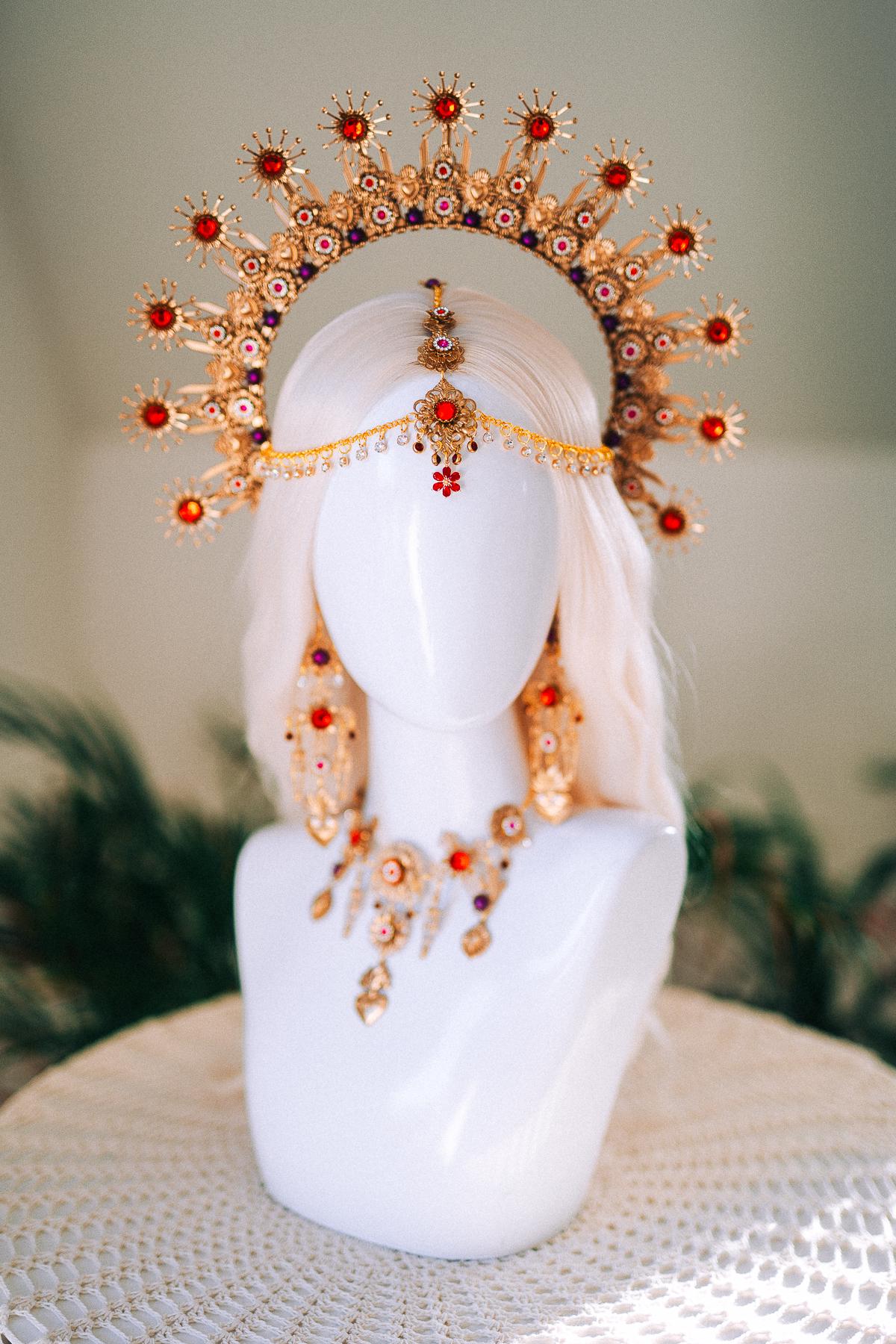La Catrina Necklace Red Roses Pink Flowers Gold Sacred Hearts Mexican Día De Los Muertos Jewelry Spiritual Festival Goddess Statement