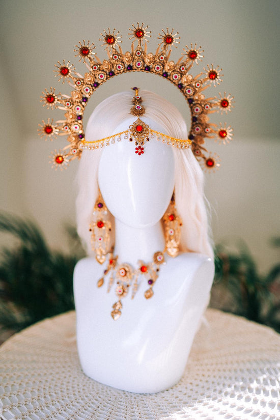 La Catrina Necklace Red Roses Pink Flowers Gold Sacred Hearts Mexican Día De Los Muertos Jewelry Spiritual Festival Goddess Statement