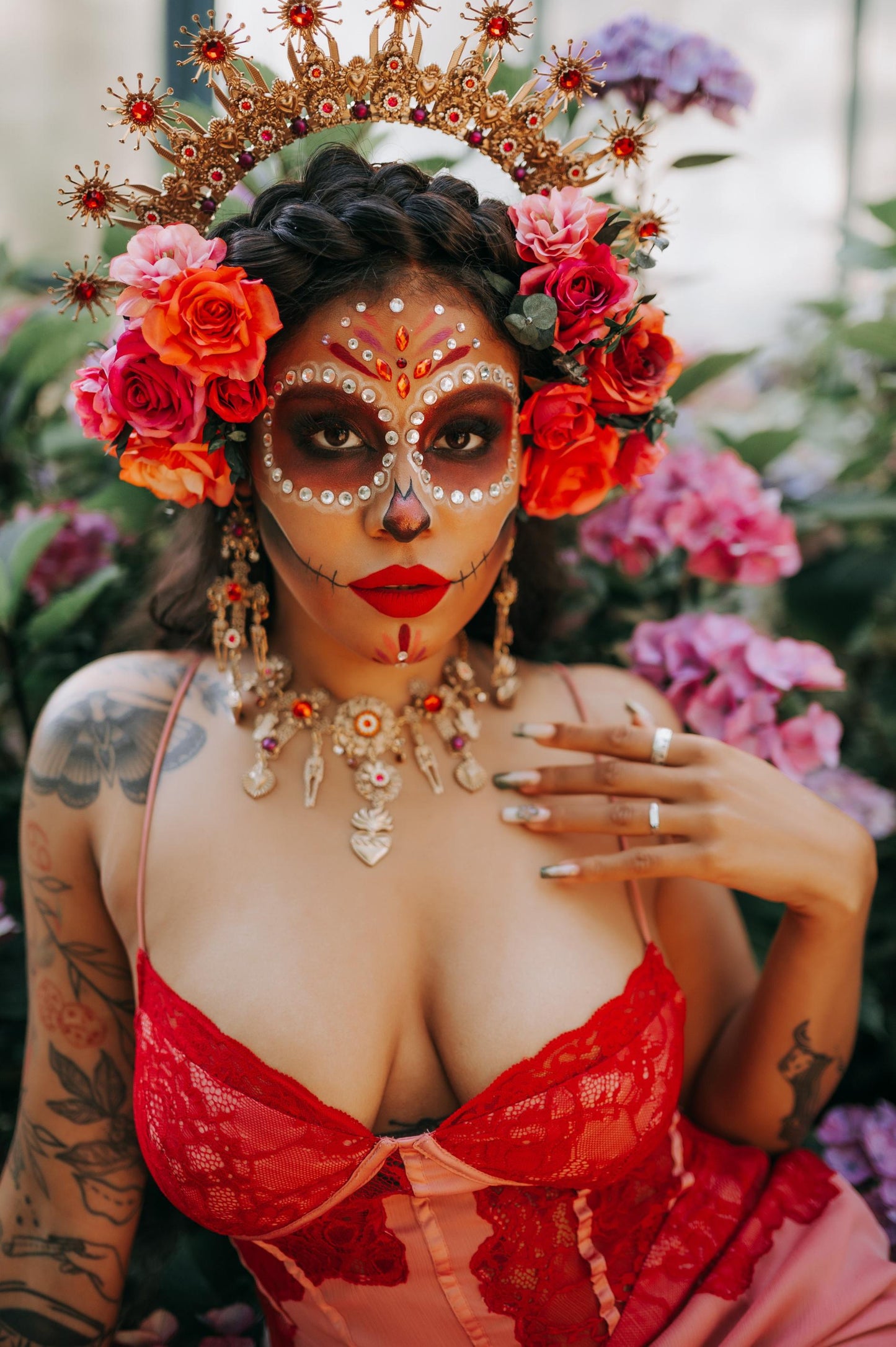 La Catrina Necklace Red Roses Pink Flowers Gold Sacred Hearts Mexican Día De Los Muertos Jewelry Spiritual Festival Goddess Statement