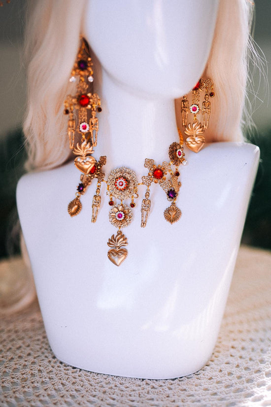 La Catrina Earrings Red Roses Pink Flowers Gold Sacred Hearts Mexican Día De Los Muertos Jewelry Spiritual Goddess Festival Accessories