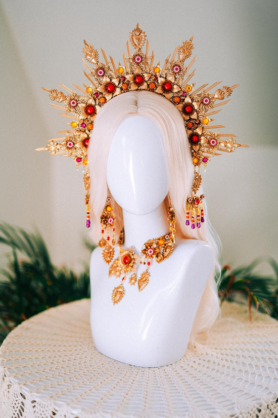 La Catrina Gold Crown Red Flower Halo Headpiece Day Of The Dead Costume Sugar Skull Calavera Halloween Festival Tiara Gothic Headband