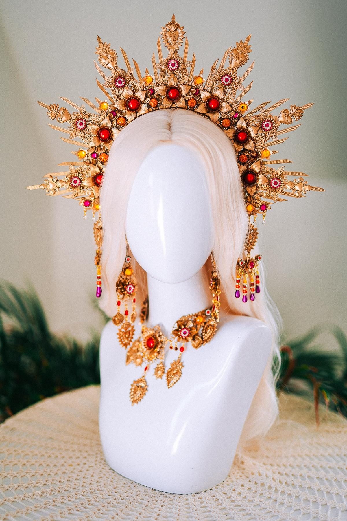 La Catrina Earrings Gold Red Gem Jewelry Sacred Heart Drops Day Of The Dead Sugar Skull Calavera Halloween Festival Gothic Accessories