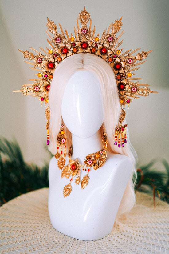 La Catrina Earrings Gold Red Gem Jewelry Sacred Heart Drops Day Of The Dead Sugar Skull Calavera Halloween Festival Gothic Accessories