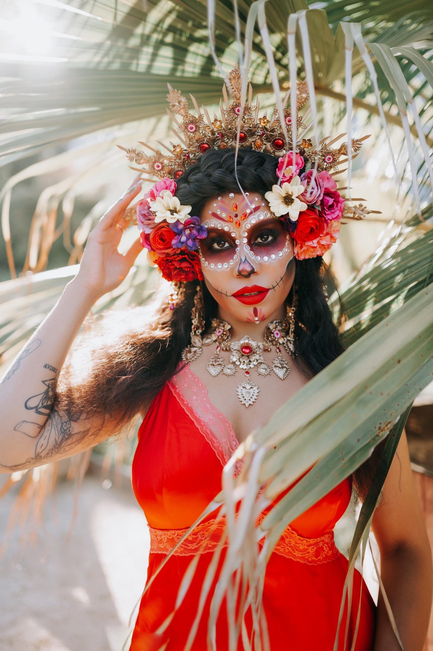 La Catrina Full Hairpin Set Red Flower Hair Accessories Gold Floral Hairpiece Day Of The Dead Sugar Skull Calavera Halloween Costume Hair