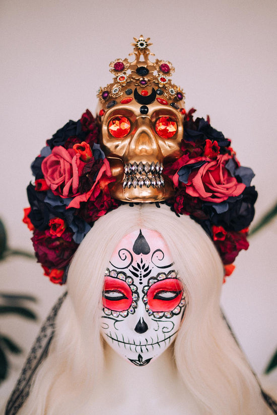 SALE La Catrina Crown, Día De Los Muertos Headdress, Colourful Skull Crown, Corona De Flores, Carnival Costume, Gothic Flower Headpiece
