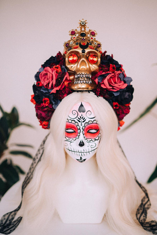 SALE La Catrina Crown, Día De Los Muertos Headdress, Colourful Skull Crown, Corona De Flores, Carnival Costume, Gothic Flower Headpiece