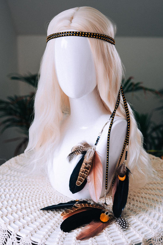 Boho Feather Headband, Natural Festival Headpiece, Handmade Bohemian Hair Accessory, Statement Carnival Costume Headband