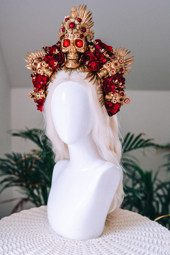 La Catrina Gold Skull Red Roses Halo Crown Sacred Heart Headpiece Dia De Los Muertos Floral Goddess Crown