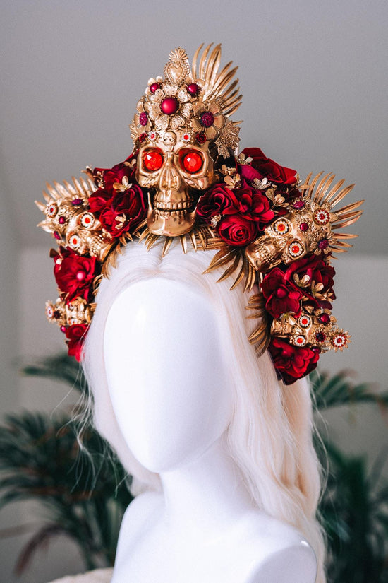 La Catrina Gold Skull Red Roses Halo Crown Sacred Heart Headpiece Dia De Los Muertos Floral Goddess Crown