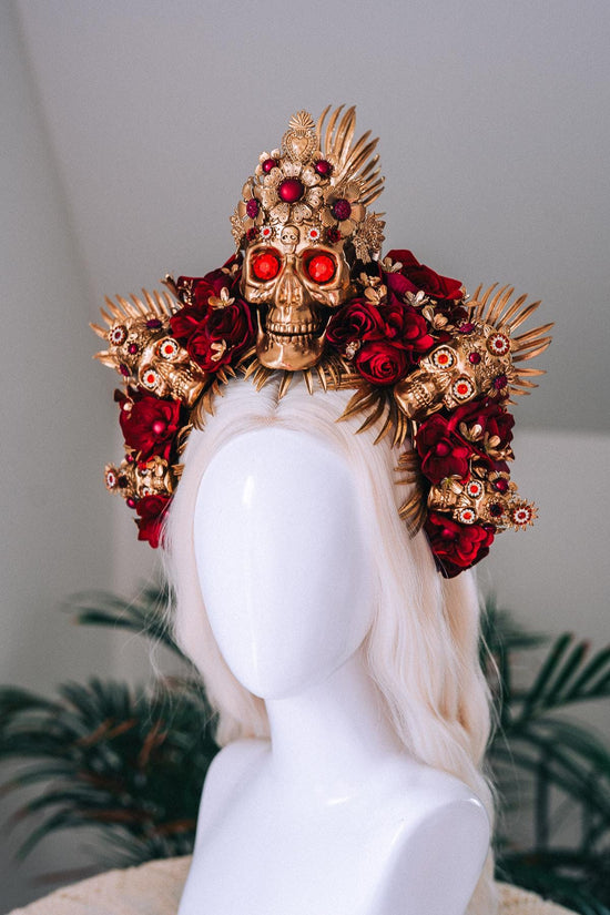 La Catrina Gold Skull Red Roses Halo Crown Sacred Heart Headpiece Dia De Los Muertos Floral Goddess Crown