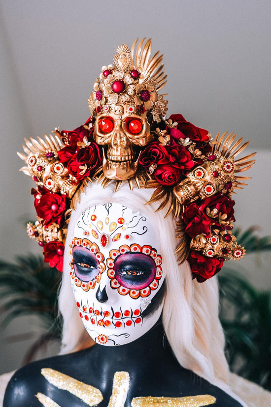 La Catrina Gold Skull Red Roses Halo Crown Sacred Heart Headpiece Dia De Los Muertos Floral Goddess Crown