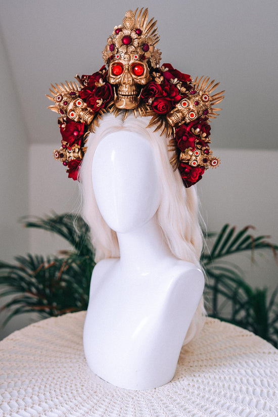 La Catrina Gold Skull Red Roses Halo Crown Sacred Heart Headpiece Dia De Los Muertos Floral Goddess Crown