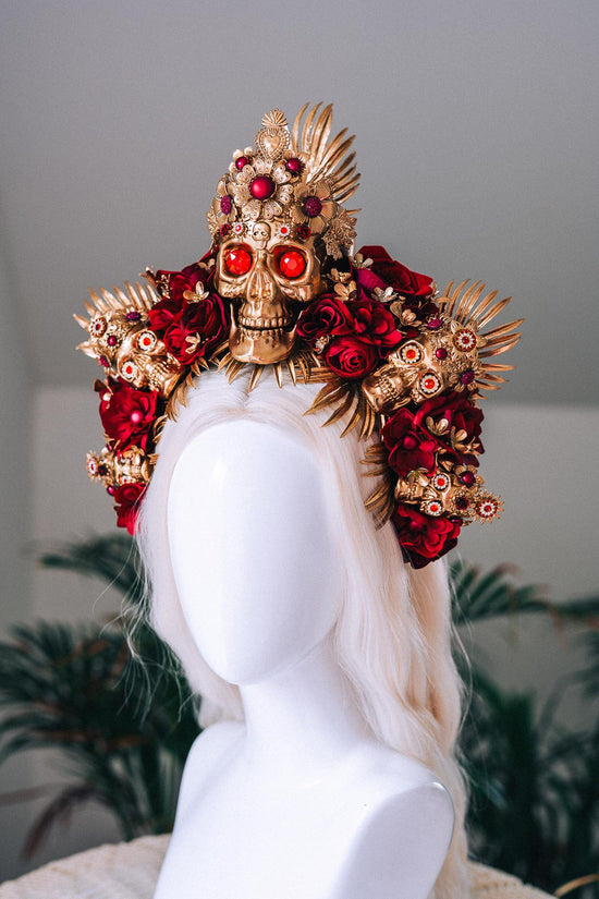 La Catrina Gold Skull Red Roses Halo Crown Sacred Heart Headpiece Dia De Los Muertos Floral Goddess Crown