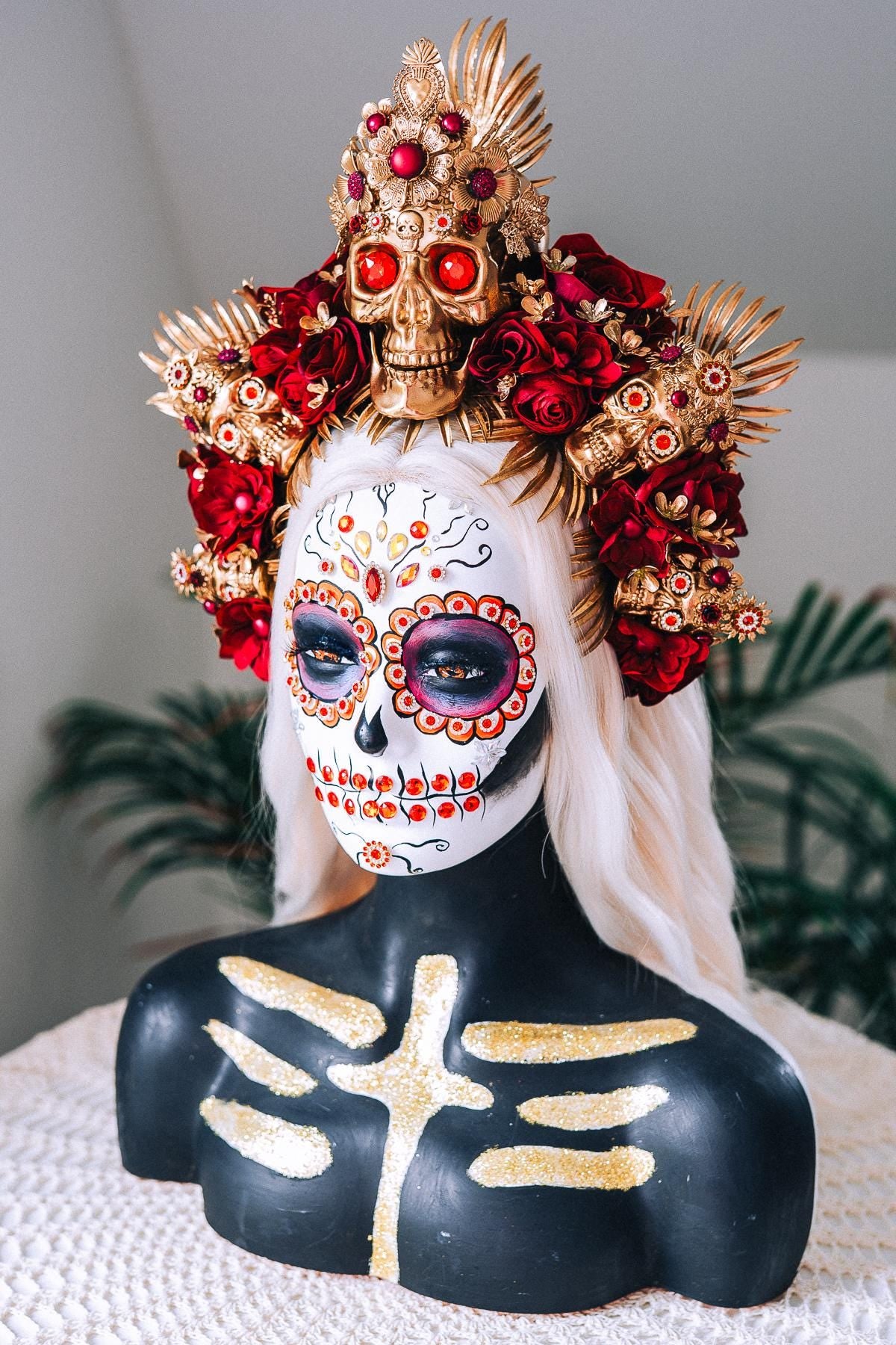 La Catrina Gold Skull Red Roses Halo Crown Sacred Heart Headpiece Dia De Los Muertos Floral Goddess Crown