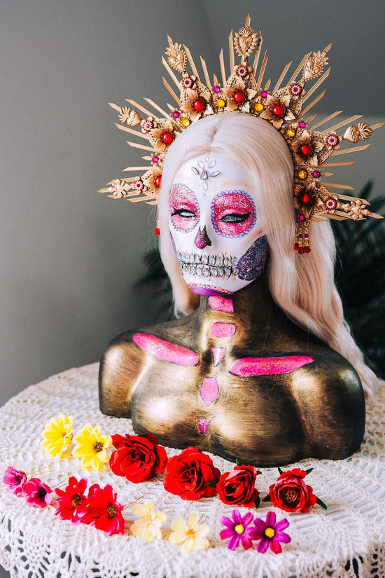 La Catrina Gold Red Halo Crown Floral Headpiece Dia De Los Muertos Goddess Hairpin Set
