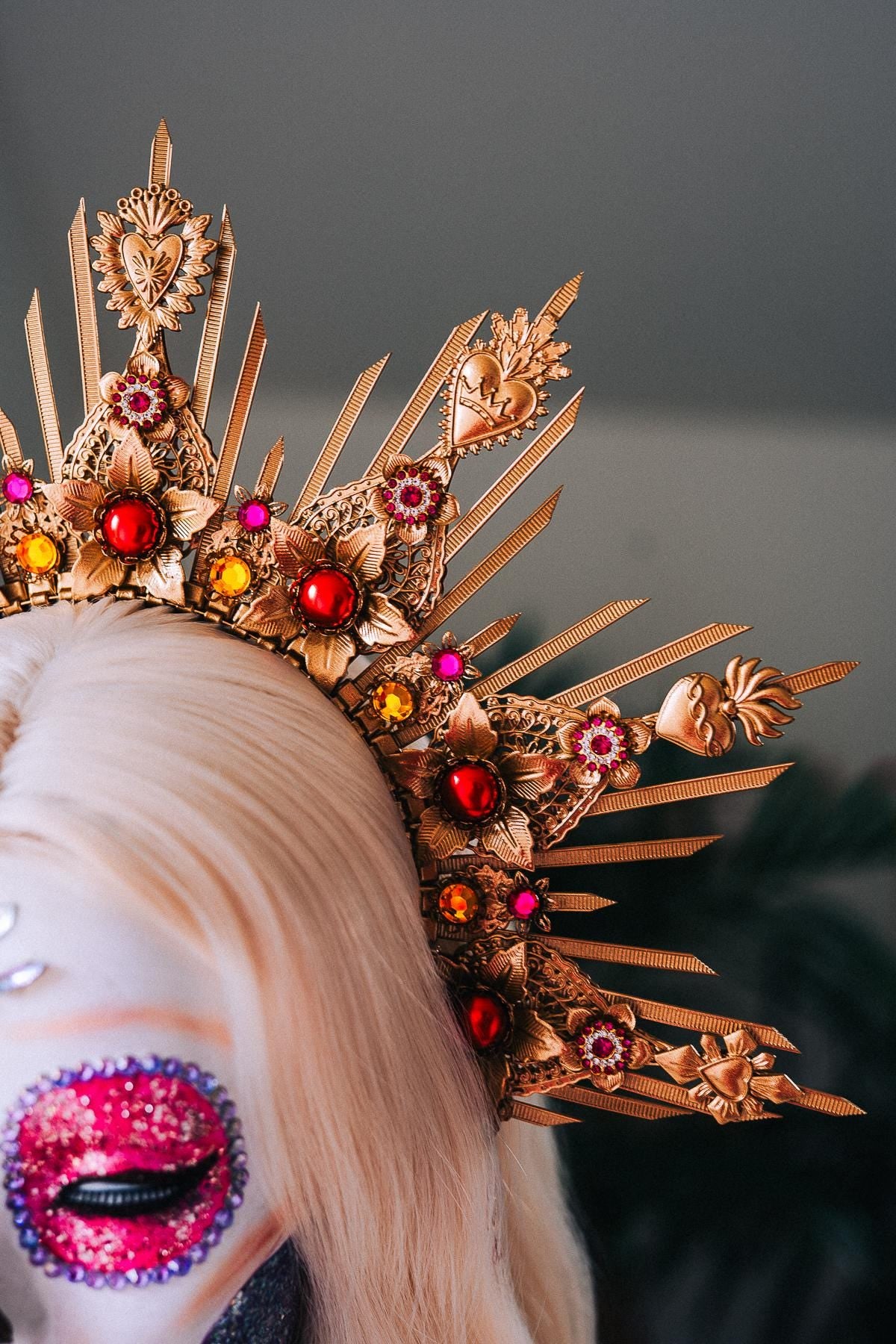 La Catrina Gold Red Halo Crown Floral Headpiece Dia De Los Muertos Goddess Hairpin Set