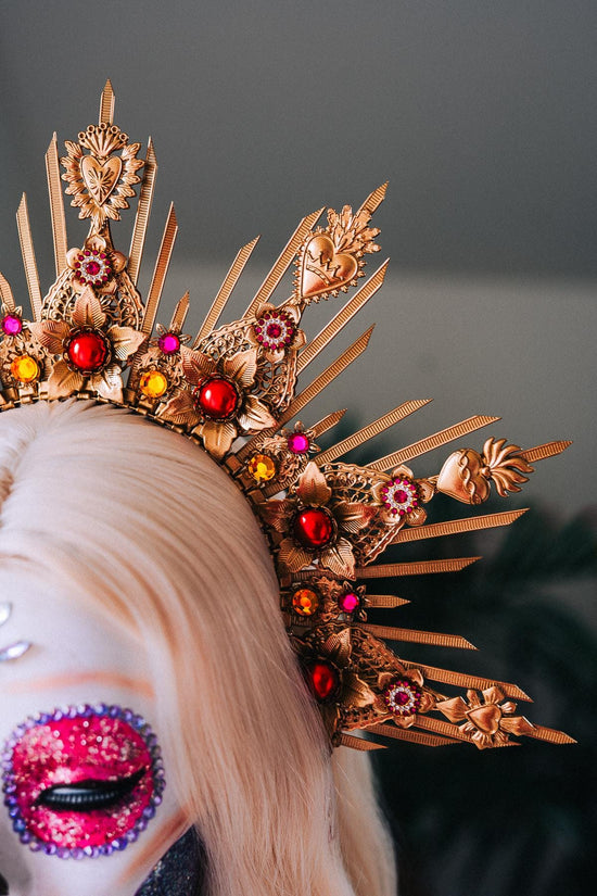 La Catrina Gold Red Halo Crown Floral Headpiece Dia De Los Muertos Goddess Hairpin Set