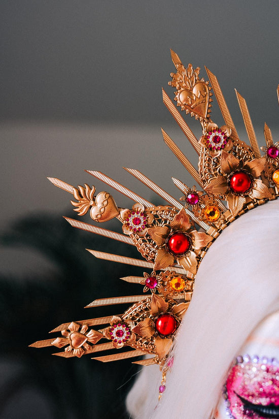La Catrina Gold Red Halo Crown Floral Headpiece Dia De Los Muertos Goddess Hairpin Set