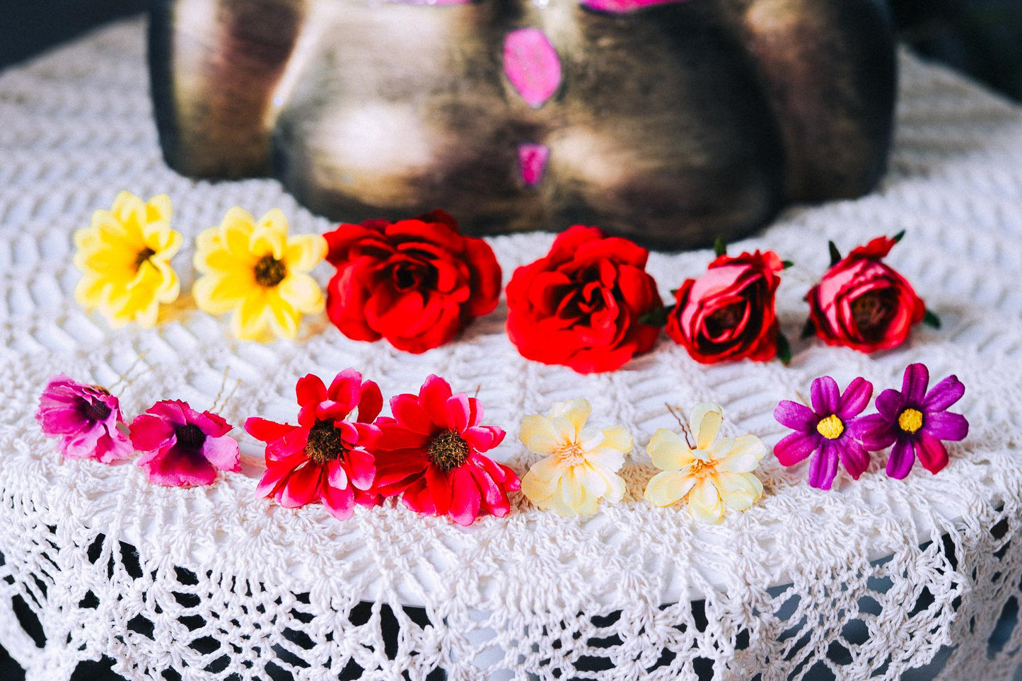 La Catrina Gold Red Halo Crown Floral Headpiece Dia De Los Muertos Goddess Hairpin Set