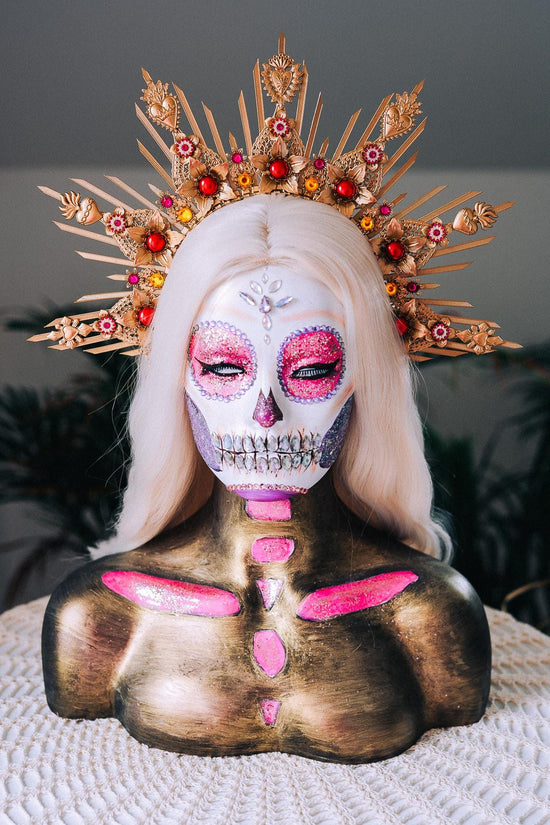 La Catrina Gold Red Halo Crown Floral Headpiece Dia De Los Muertos Goddess Hairpin Set