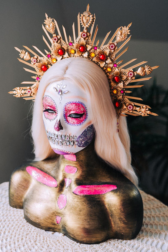 La Catrina Gold Red Halo Crown Floral Headpiece Dia De Los Muertos Goddess Hairpin Set