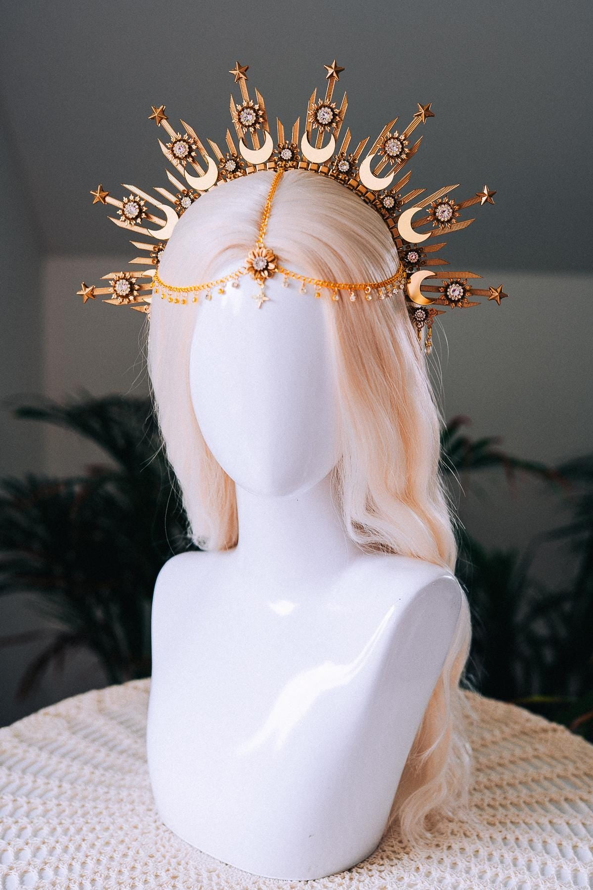Moonchild Halo Crown Gold Stars Celestial Bridal Headpiece Wedding Goddess Tiara Boho Festival Costume