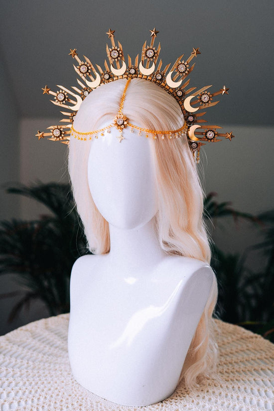 Moonchild Halo Crown Gold Stars Celestial Bridal Headpiece Wedding Goddess Tiara Boho Festival Costume