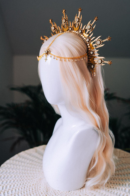 Moonchild Halo Crown Gold Stars Celestial Bridal Headpiece Wedding Goddess Tiara Boho Festival Costume