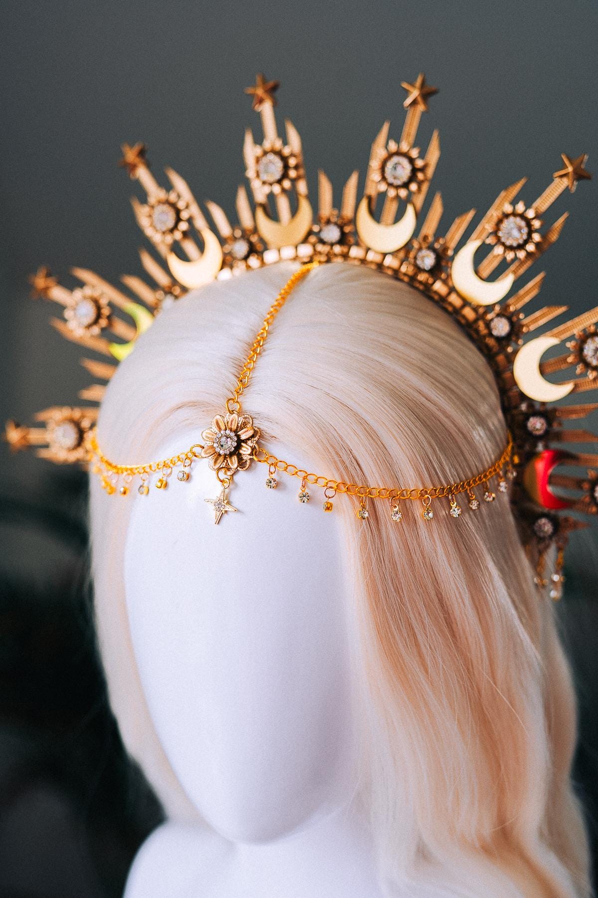 Moonchild Halo Crown Gold Stars Celestial Bridal Headpiece Wedding Goddess Tiara Boho Festival Costume