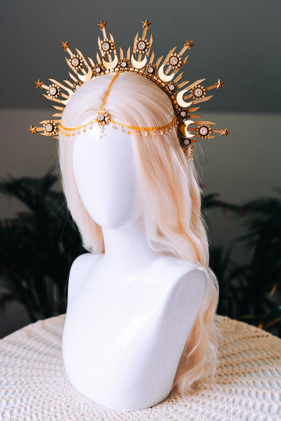 Moonchild Halo Crown Gold Stars Celestial Bridal Headpiece Wedding Goddess Tiara Boho Festival Costume