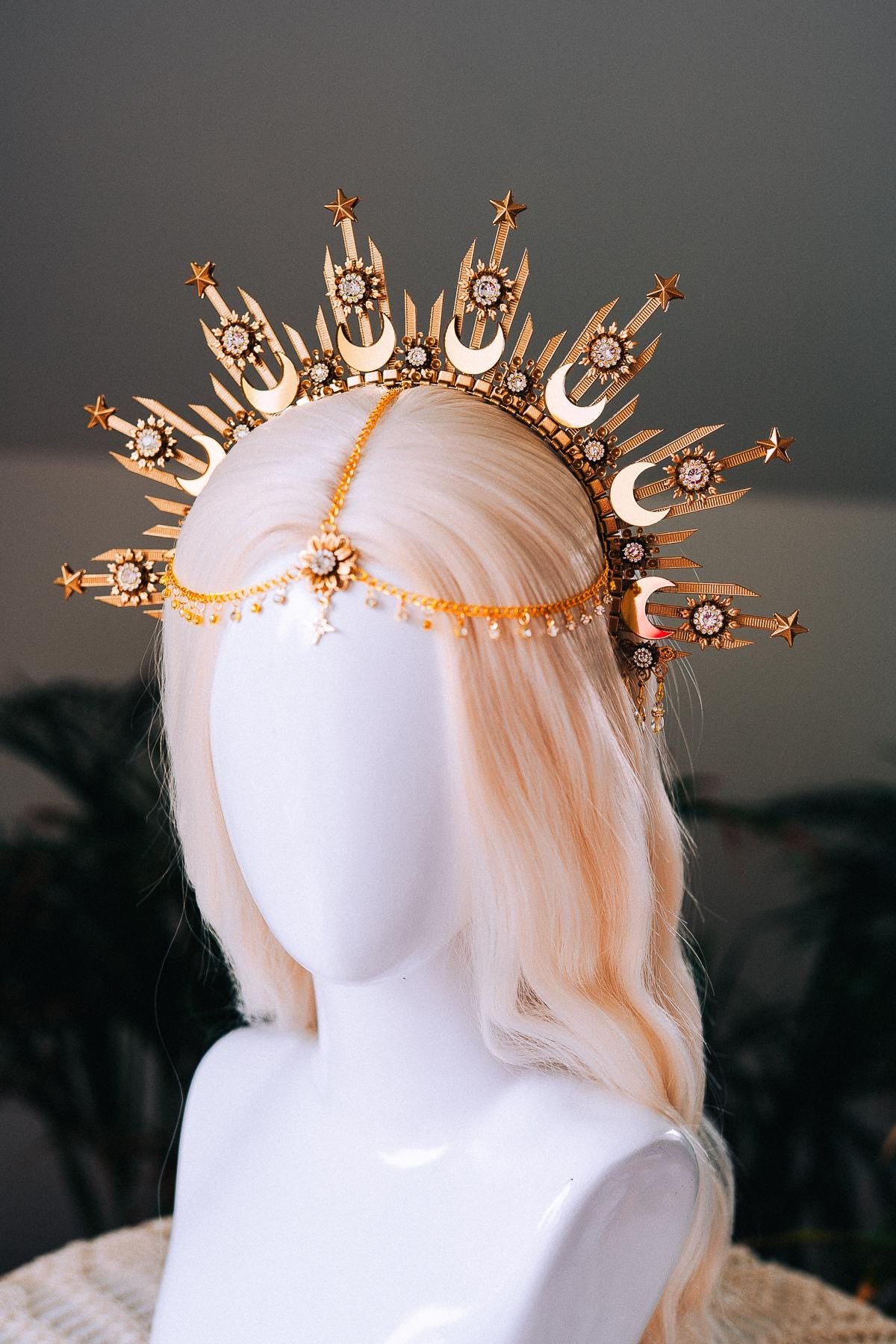 Moonchild Halo Crown Gold Stars Celestial Bridal Headpiece Wedding Goddess Tiara Boho Festival Costume