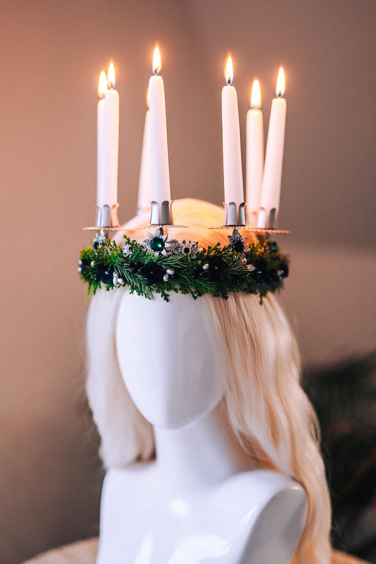 St Lucia Crown Candle Headpiece Christmas Halo Crown Festival Costume Pagan Ritual Tiara Winter Solstice Headpiece