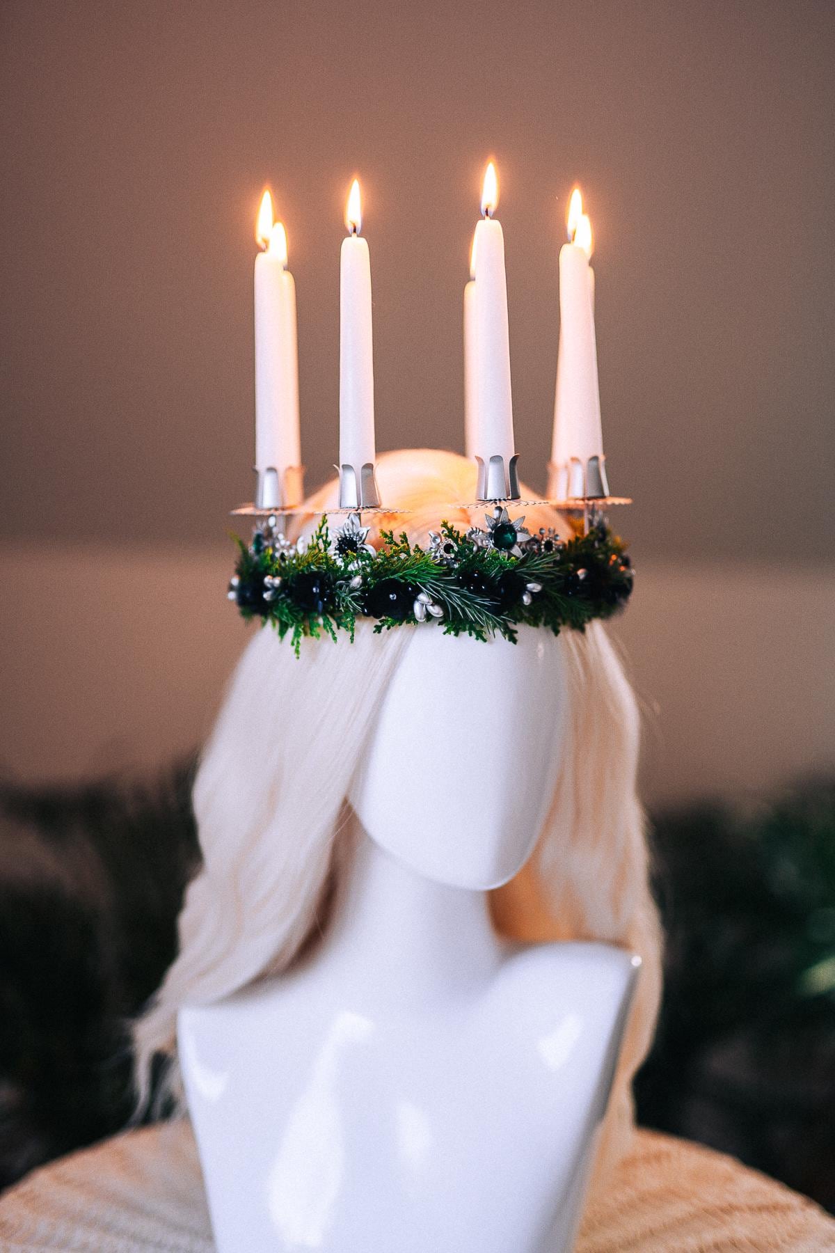 St Lucia Crown Candle Headpiece Christmas Halo Crown Festival Costume Pagan Ritual Tiara Winter Solstice Headpiece