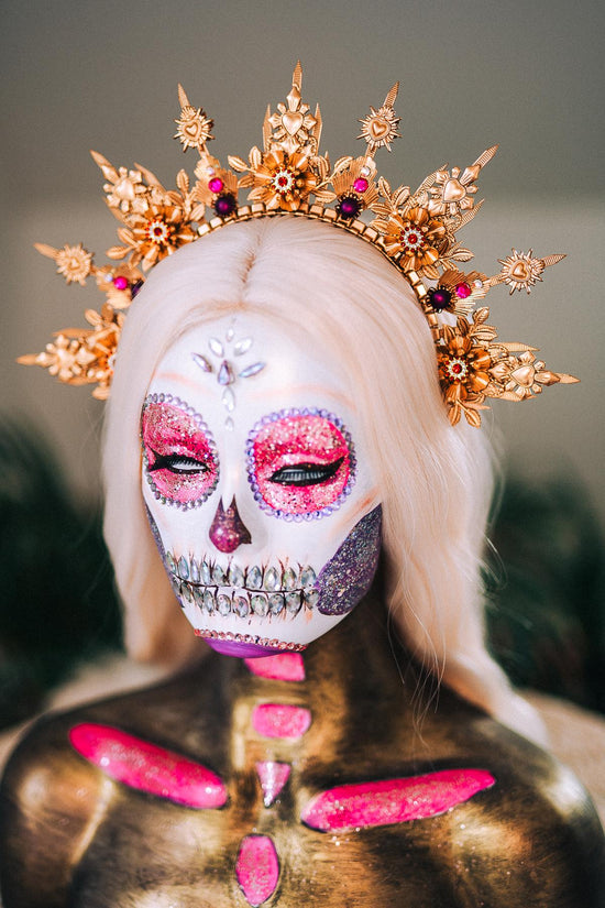 La Catrina Halo Crown Gold Headpiece Mexican Crown Dia De Los Muertos Crown Sugar Skull Headpiece Festival Costume Tiara