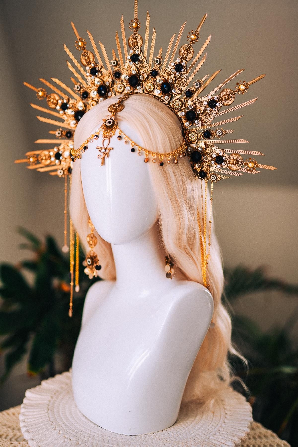 Cleopatra Gold Crown With Scarab Earrings Egyptian Headpiece With Black Crystals For Goddess Costume Festival Wedding Halloween