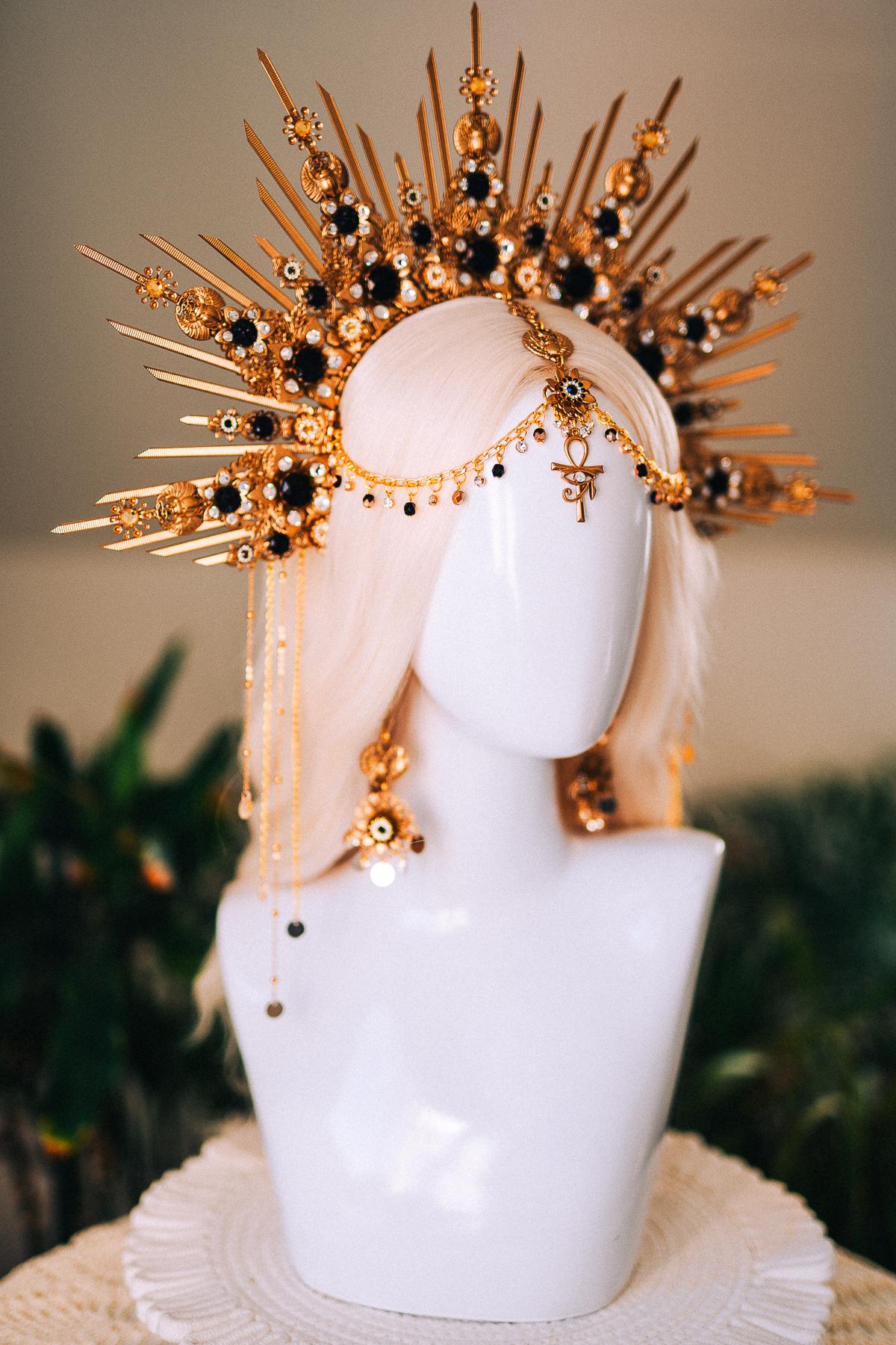 Cleopatra Gold Crown With Scarab Earrings Egyptian Headpiece With Black Crystals For Goddess Costume Festival Wedding Halloween