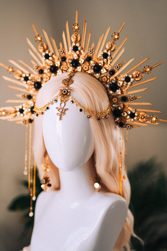 Cleopatra Gold Crown With Scarab Earrings Egyptian Headpiece With Black Crystals For Goddess Costume Festival Wedding Halloween