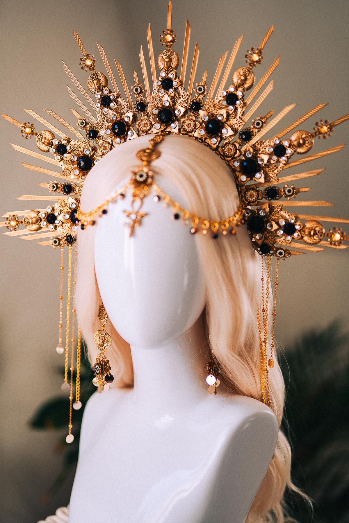 Cleopatra Gold Crown With Scarab Earrings Egyptian Headpiece With Black Crystals For Goddess Costume Festival Wedding Halloween