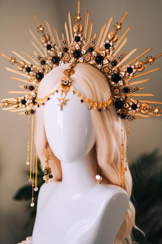 Cleopatra Gold Crown With Scarab Earrings Egyptian Headpiece With Black Crystals For Goddess Costume Festival Wedding Halloween