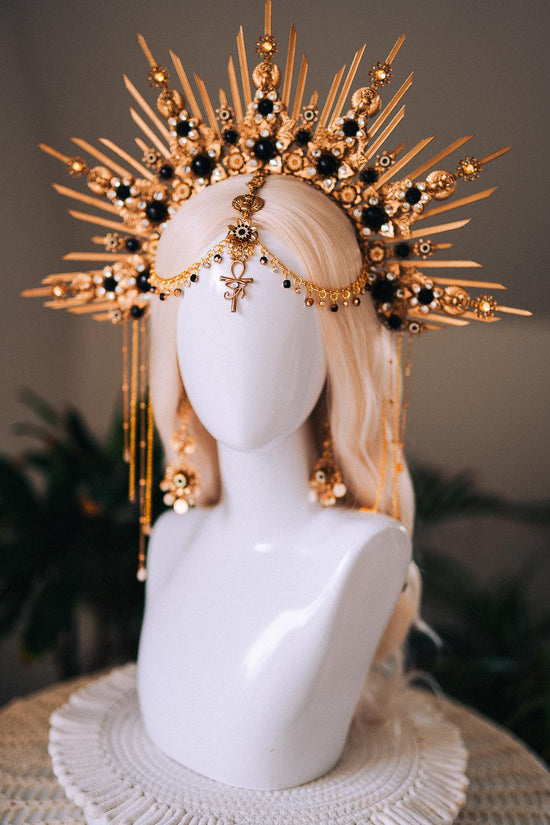 Cleopatra Gold Crown With Scarab Earrings Egyptian Headpiece With Black Crystals For Goddess Costume Festival Wedding Halloween