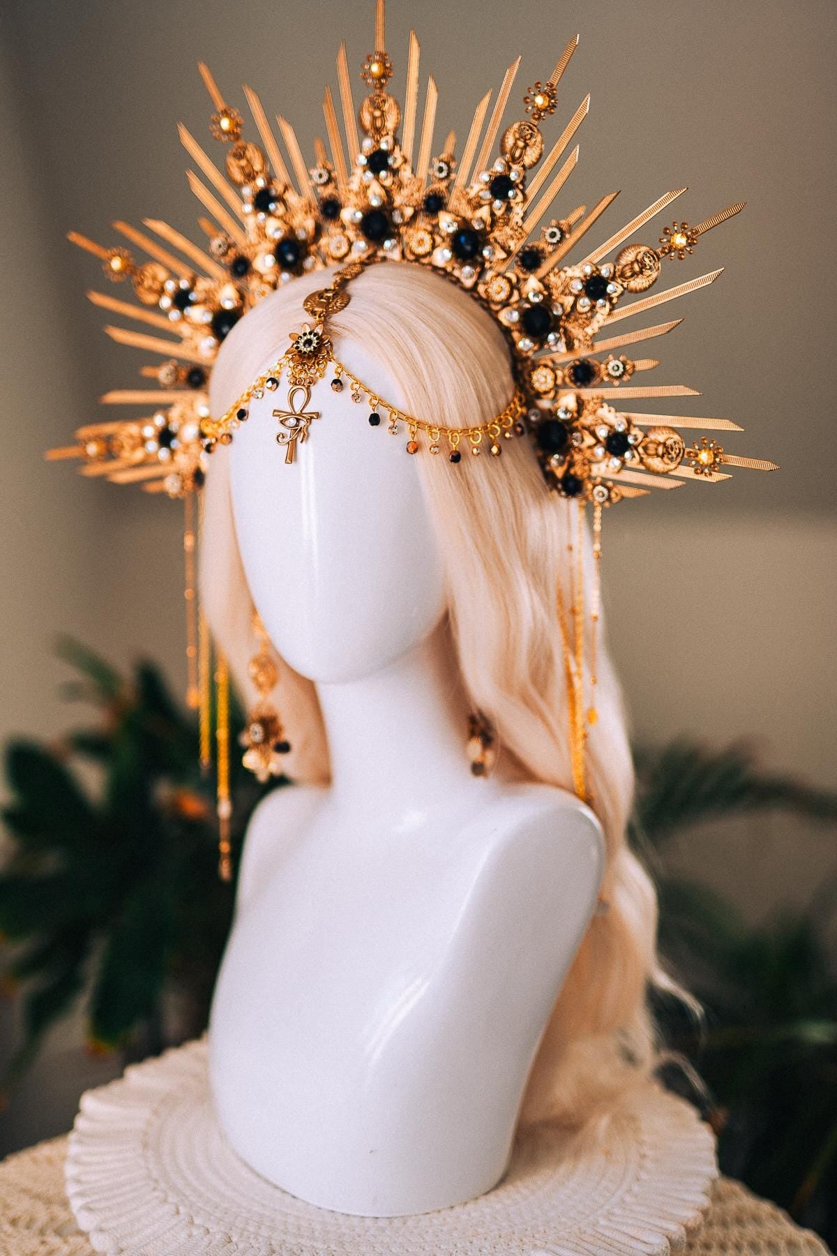 Cleopatra Gold Crown With Scarab Earrings Egyptian Headpiece With Black Crystals For Goddess Costume Festival Wedding Halloween