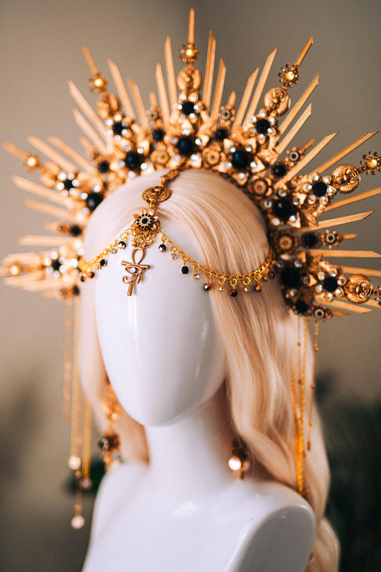Cleopatra Gold Crown With Scarab Earrings Egyptian Headpiece With Black Crystals For Goddess Costume Festival Wedding Halloween