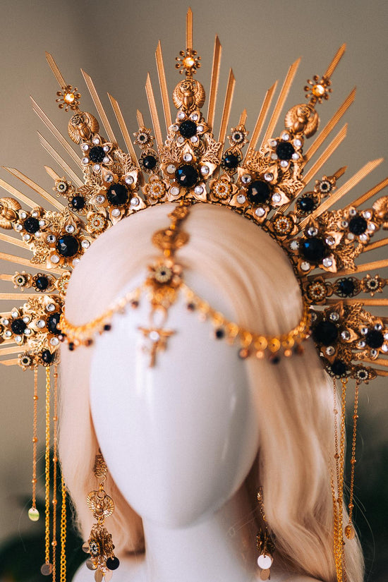 Cleopatra Gold Crown With Scarab Earrings Egyptian Headpiece With Black Crystals For Goddess Costume Festival Wedding Halloween