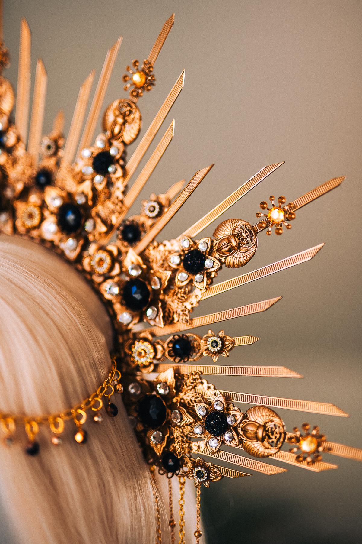 Cleopatra Gold Crown With Scarab Earrings Egyptian Headpiece With Black Crystals For Goddess Costume Festival Wedding Halloween