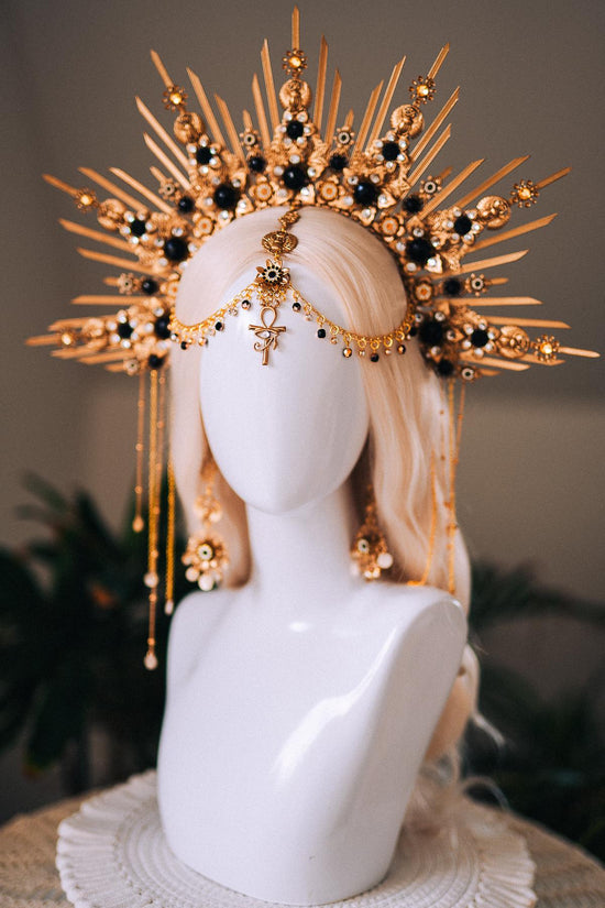 Cleopatra Gold Crown With Scarab Earrings Egyptian Headpiece With Black Crystals For Goddess Costume Festival Wedding Halloween