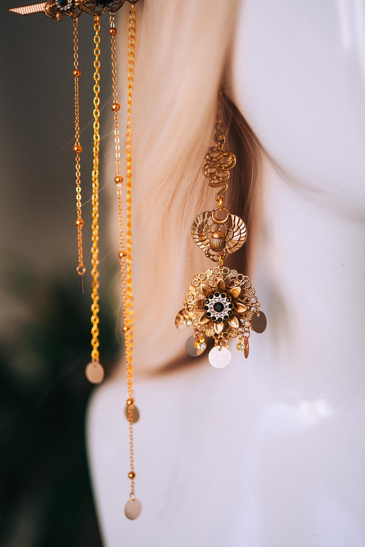 Cleopatra Earrings Gold Statement Jewelry Pearl Dangle Egyptian Queen Costume Festival Look Halloween Accessory Regal Style