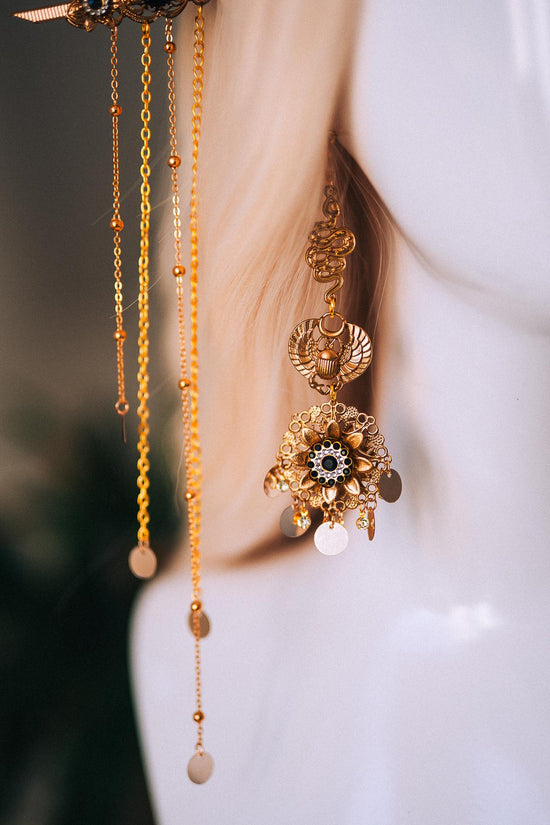 Cleopatra Earrings Gold Statement Jewelry Pearl Dangle Egyptian Queen Costume Festival Look Halloween Accessory Regal Style