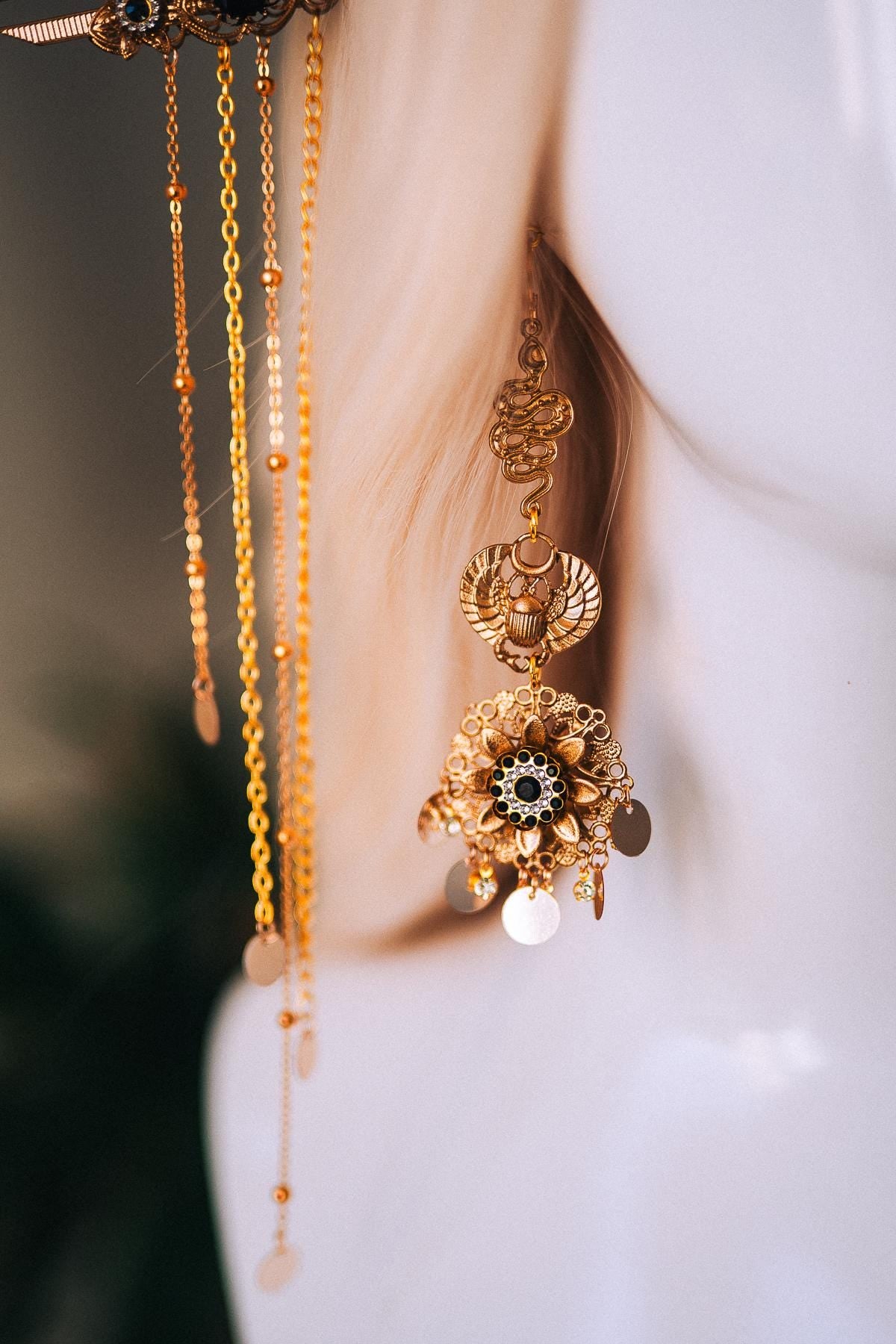 Cleopatra Earrings Gold Statement Jewelry Pearl Dangle Egyptian Queen Costume Festival Look Halloween Accessory Regal Style