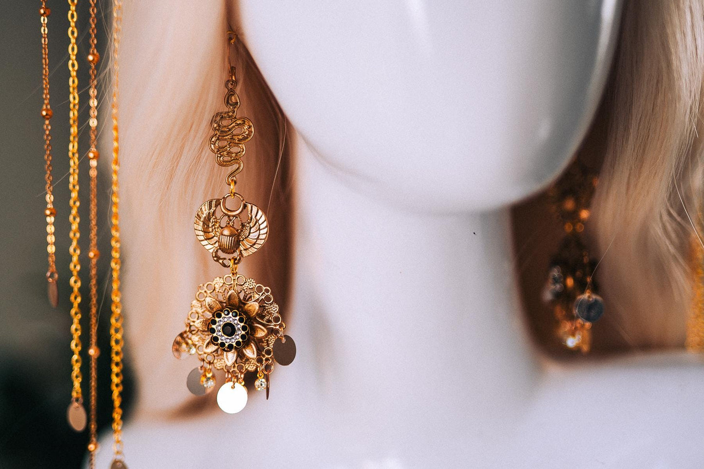 Cleopatra Earrings Gold Statement Jewelry Pearl Dangle Egyptian Queen Costume Festival Look Halloween Accessory Regal Style