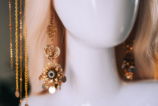 Cleopatra Earrings Gold Statement Jewelry Pearl Dangle Egyptian Queen Costume Festival Look Halloween Accessory Regal Style